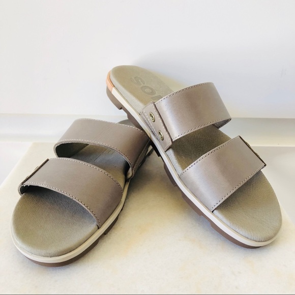 NWT Sorel Torpeda II xFree People Flat Sandal Slide Slip On Leather Greige - Picture 6 of 7